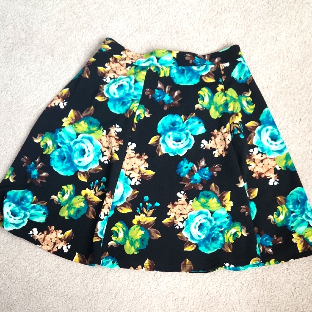Floral A-Line Skirt - Black and Blue